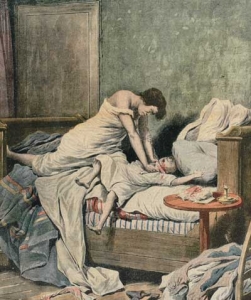 1908년 5월 24일자 (Le Petit Journal)에 잔느 베버라는 여인이 자신의 아들을 끔찍하게 죽인 그림이 게재됐다. 이 여인은 나중에 조카 3명을 살해한 사실이 추가로 밝혀졌으나 사형당하지 않고, 정신이상을 이유로 병동에 오랫동안 감금되었다. 프랑스 정신분석학계에서는 이 새로운 유형의 사건을 놓고 수많은 논쟁을 벌였다.