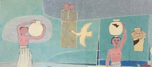 김환기, 여인들과 항아리, 1950년대, 캔버스에 유채, 281.5x567cm. ⓒ (재)환기재단·환기미술