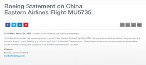 중국 동방항공 MU5735 추락사고에 관한 보잉사의 성명. (보잉사 홈페이지, https://boeing.mediaroom.com)