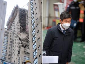 (좌) 지난해 1월 광주 화정 아이파크 붕괴 참사 현장(우) 정몽규 HDC그룹 회장이 참사 현장을 찾아 유가족에 사과하고 있다.(2022.1.17.) ​​​​​​​/ 출처=뉴스1 