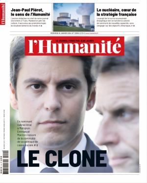 마크롱 대통령과 아탈 총리지명자를 ‘LE CLONE’(복제)이라고 표현한 &lt;뤼마니테&gt; 표지.