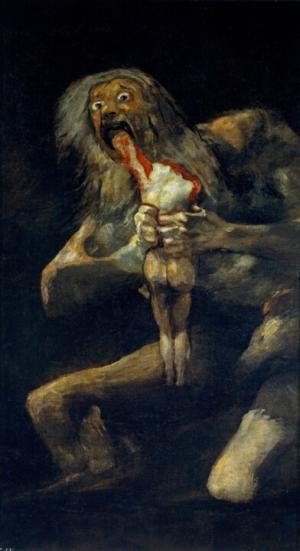 프란시스코 고야, 그의 아들을 잡아먹는 사투르누스 , c. 1819~1823년. 캔버스에 유채, 143.5×81.4cm. 마드리드: 프라도 미술관.