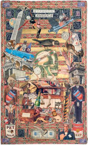 펠리페 헤수스 콘살보스 - 「최면에 걸린 미국」, 1920~1960. 콘살보스는 1920년대부터 1960년대까지 시가 상자, 잡지, 광고지 등 다양한 재료를 이용해 미국 사회의 물질주의, 정치적 선전, 소비문화와 관련된 비판적 메시지를 담은 작품을 제작했다. 특히 그는 미국의 애국주의와 상업주의가 사람들에게 마치 최면을 건 것처럼 작동한다고 생각하며, 이를 날카로운 풍자와 유머로 표현했다.