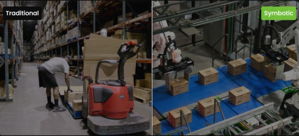 직원이 직접 물류를 분류하고 이동시켜야 했던 기존의 물류센터(왼쪽)와 심봇 로봇이 물품을 분류하고 이동시키고 있는 새로운 물류센터의 모습(오른쪽)을 비교한다. (출처: 심보틱)