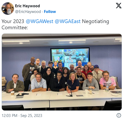 잠정 합의안 채결 직후의 WGA의 협상위원들 (자료: Eric Haywood의 X(Twitter) 계정, 2023.9.25.)
